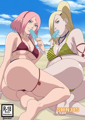 2d 2girls ass barefoot beach big_ass big_breasts bikini bikini_bottom bikini_top blue_eyes boruto:_naruto_next_generations bracelet breast_size_difference breasts choker comic_cover female female_only full_color green_eyes high_resolution holding_object huge_ass human ino_yamanaka long_hair looking_at_viewer medium_breasts melting melting_popsicle milf multiple_females multiple_girls naruto naruto_(series) necklace ninrubio no_sex nude outdoors pendant pink_hair ponytail popsicle popsicle_in_mouth revealing_swimsuit sakura_haruno sakura_haruno_(boruto) seaside sexually_suggestive take_your_pick uchiha_symbol uzumaki_symbol watermark white_skin