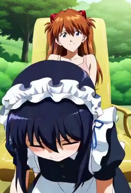 2girls all_fours animated armrest asuka_langley_sohryu bare_legs bare_shoulders barefoot best_girl blue_eyes bondage bratty brown_hair bullying chaise_lounge cheerful clavicle cleavage clothing confident confident_smile dangling_feet denim denim_shorts dominant_female dominant_female_submissive_female domination enjoying feet feet_fetish feet_on_back feet_tease feet_towards_viewer female femdom foot_fetish foot_focus foot_stool foot_tease footplay footrest footstool furniture hair_ornament happy happy_dom happy_female happy_girl human_footstool human_furniture humiliation interface_headset joyful kneeling legs lezdom long_hair maid maid_apron maid_dress maid_outfit maid_uniform midriff mistress_and_slave navel neon_genesis_evangelion orange_hair outdoors pale-skinned_female pale_skin park pink_soles pink_toenails playful plugsuit pov_feet relaxing resting sad_sub servant serving short_shorts shorts sitting slavegirl smile smiling smiling_at_viewer smug smug_face smug_smile soles teen teenage_female teenage_girl toe_wiggle toenail_polish toenails toes tsundere video white_skin wiggling_toes yuri