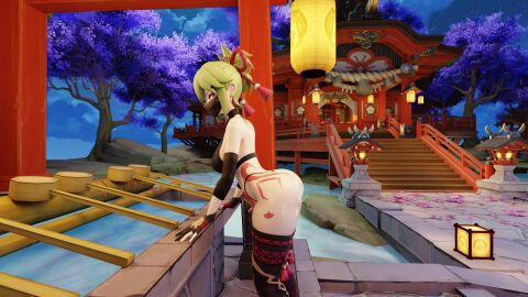 1girls 3d ass big_breasts breasts female genshin_impact green_hair huge_ass kuki_shinobu large_ass light-skinned_female light_skin purple_eyes solo solo_female thick_ass voluptuous voluptuous_female zen_art