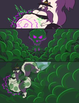 2022 absurd_res anthro ass belly big_ass big_belly big_breasts big_butt bluepants bottomwear breasts building building_destruction clothed clothing cloud comic destruction digital_drawing_(artwork) digital_media_(artwork) eye_through_hair fangs fart fart_cloud female frown fur generation_4_pokemon glowing green_eyes hair halloween hand_on_belly hat headgear headwear hi_res holidays house huge_ass huge_belly huge_butt hyper hyper_belly hyper_fart magic magic_user miniskirt mushroom_cloud night nintendo partially_clothed pokemon pokemon_(species) purple_body purple_fur rumbling_stomach sequence shuuki_(coaster14) skirt skull_fart_cloud skull_symbol skuntank smaller_version_at_source solo stink_fumes teeth text topwear translucent translucent_hair witch_costume witch_hat witchcraft worried