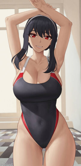 1girls black_hair black_one-piece_swimsuit black_swimsuit breasts competition_swimsuit female hairband hairbun highleg highleg_one-piece_swimsuit highleg_swimsuit large_breasts looking_at_viewer milf one-piece_swimsuit red_eyes smile spy_x_family stretching swimsuit tile_floor window yor_briar yor_forger zaphn