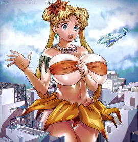 1girls 2d 2d_(artwork) alternate_breast_size big_breasts bishoujo_senshi_sailor_moon blonde-haired_female blonde_female blonde_hair breasts city female female_focus female_only giantess huge_boobs huge_breasts jungle_de_ikou light-skinned_female light_skin mii_(jungle_de_ikou) mii_(jungle_de_ikou)_(cosplay) nipple_bulge sailor_moon solo solo_female solo_focus usagi_tsukino