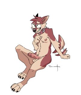 2024 absurd_res anthro baehotline biped brown_body brown_fur canid canine claws collar digital_media_(artwork) digitigrade eyewear fur genitals glasses hi_res humanoid_genitalia humanoid_penis male male_focus male_only malesub mammal nervous_smile nipples nude nude_anthro nude_male paws penis rectangular_glasses simple_background sitting solo solo_male submissive_male tail tail_motion tailwag tan_body tan_fur toe_claws white_background