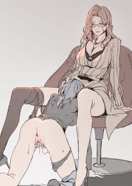 2girls ass cunnilingus female fingering grab_hair lesbian on_knees pussy pussy_eating uncensored wet_pussy yuri