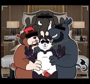 2025 absurd_res anthro balls bear beard bed bodily_fluids canid canine canis clothing domestic_dog drooling elephant elephantid erection facial_hair furniture genitals giant_panda grolarbearsins group hat headgear headwear hi_res male male/male mammal penis proboscidean rhinoceros saliva slightly_chubby tongue tongue_out