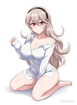 1girls bare_legs bare_thighs barefoot bottomless breasts canadiananiguy cleavage corrin_(fire_emblem) corrin_(fire_emblem)_(female) covered_nipples feet female fire_emblem fire_emblem_fates legs long_hair looking_at_viewer red_eyes shirt shirt_only smile smiling smiling_at_viewer solo thighs white_hair