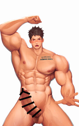 1boy abs angry armpits arms_up balls bara barcode barcode_tattoo beard_stubble biceps big_chest black_hair blush censor_bar censored censored_penis frown gay hand_on_glass hi_res looking_at_viewer male male_only meisho_hanten muscles muscular muscular_arms muscular_legs muscular_male muscular_thighs open_mouth original original_character pecs penis red_eyes short_hair six_pack sweat sweatdrop sweating sweaty tattoo text thick_arms vein white_background wide_shoulders yaoi