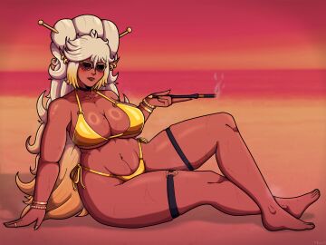 1girls 2025 2d 2d_(artwork) beach big_breasts bikini black_eyes black_sclera breasts breasts_bigger_than_head choker dark-skinned_female dark_elf dark_skin earrings elf elf_ears elf_female elf_girl female gold_bikini gold_jewelry golden_nails gradient_hair jewelry kardnis_iforn_(oc) kinurathrenne_(artist) laying long_hair long_ponytail mole mole_on_breast mole_under_mouth oc painted_nails painted_toenails pierced_belly_button plump ponytail scar scar_on_face smoking smoking_cigarette steam sunglasses sweat thick_thighs thigh_strap tinted_eyewear white_hair yellow_hair