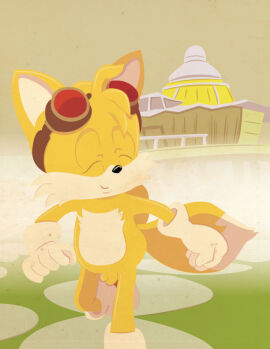 anthro balls building canid canine closed_eyes clothing didi_(artist) eyewear eyewear_on_head footwear foreskin fox fur genitals gloves goggles goggles_on_head grass handwear house male male_only mammal miles_prower miles_tails_prower mostly_nude mostly_nude_anthro mostly_nude_male path penis plant running sega shoes smile solo solo_male sonic_(series) sonic_boom sonic_the_hedgehog_(series) standing stone_path tails tails_the_fox unavailable_at_source uncircumcised white_body white_fur yellow_body yellow_fur