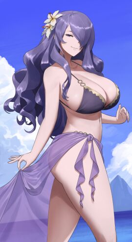 1girls alternate_costume bikini blue_sky breasts camilla_(fire_emblem) cleavage closed_mouth cloud day female female_only fingernails fire_emblem fire_emblem_fates fire_emblem_heroes flower hair_flower hair_ornament hair_over_one_eye highres large_breasts long_hair looking_at_viewer navel nintendo official_alternate_costume one_eye_covered outdoors purple_bikini purple_nails purple_sarong purple_swimsuit sarong see-through see-through_sarong shou_illust sky smile solo stomach swimsuit wavy_hair