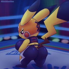 animated anthro ass big_ass big_breasts big_butt blubluumon bouncing_ass bouncing_breasts bouncing_butt breasts camel_toe cameltoe clothed clothing cosplay_pikachu cosplay_pikachu_(costume) female fully_clothed generation_1_pokemon genitals looking_back mask nintendo no_penetration pikachu pikachu_libre pokemon pokemon_(species) pussy solo solo_female standing tail tail_motion tailwag teasing thick_thighs