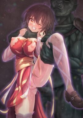 1boy absurdres anal arch_bishop_(ragnarok_online) blush breasts brown_eyes brown_footwear brown_hair censored clenched_teeth clothed_female_nude_male clothed_sex clothing colored_skin commission cross dress faceless faceless_male female foot_out_of_frame green_skin hair_between_eyes highres large_breasts leg_lift loafers long_bangs looking_at_viewer male mosaic_censoring nipples no_panties nose_piercing nose_ring nude one_eye_closed orc orc_warrior_(ragnarok_online) pelvic_curtain penis piercing psd_available pussy pussy_juice ragnarok_online red_dress sash see-through_clothes see-through_thighhighs sex shoes short_hair skeb_commission solo_focus standing standing_sex stockings straight teeth thighhighs torn_clothes torn_dress tusks white_thighhighs yellow_sash zusshii_(libertasgenesis)