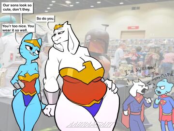 2girls aabramsart anthro argument asriel_dreemurr bedroom_eyes big_breasts big_thighs blue_body blue_fur bracelet breasts catgirl convention cosplay crown dc_comics dialogue english_text eyeliner female flirting floppy_ears fur furry furry_female goat_girl group gumball_watterson headgear huge huge_breasts huge_thighs jewelry large_breasts large_thighs larger_female lolicon losercity makeup male mammal mammal_humanoid mother_and_child mother_and_son narrowed_eyes nicole_watterson overweight overweight_female photo_background pink_nose real_life_background reddit reddit_link seductive size_difference slightly_chubby slightly_chubby_female small_waist speech_bubble standing super_hero superman superman_(cosplay) text the_amazing_world_of_gumball thick_thighs tiara toriel undertale undertale_(series) whiskers white_body white_fur wide_hips wonder_woman wonder_woman_(cosplay) young