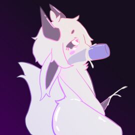 ambiguous_species animal_genitalia big_penis big_tail black_background black_horn black_penis black_sclera blush bodily_fluids circle_eyebrows cum cum_in_mouth cum_inside duo erection eyebrows fellatio feral fur genital_fluids genitals glowing glowing_eyes heart_eyes heart_symbol hi_res horn huge_cock hybrid long_ears male male/male nude open_mouth oral penile penis penis_size_difference purple_penis sex shuiye_(shuiyee) shuiyee simple_background small_penis tail white_body white_eyes white_fur white_tail