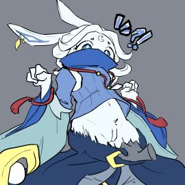 anthro asian_clothing clothing disembodied_hand east_asian_clothing elluna_(supervive) exclamation_point female fur godforgiveme4 hair hi_res japanese_clothing kimono lagomorph leporid mammal nude piercing rabbit solo supervive surprise theorycraft undressing white white_body white_fur white_hair