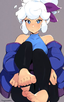 blue_eyes cute feet foot_fetish hair_ornament jacket jacket_off_shoulders original pale_skin ribbon squeezable stirrup_legwear stirrups taffy_(squeezable) tagme tagme_(character) white_hair