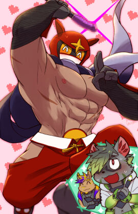 5_fingers abs another_eidos_of_dragon_vein_r anthro asian_clothing biceps blonde_hair blue_eyes blue_hair brother brother_(lore) brothers_(lore) censored chest_wraps closed_eyes clothed clothing cotton_(artist) dialogue duo ear_piercing ear_ring east_asian_clothing eyewear facial_hair fingerless_gloves fingers fur fuu_(anothereidos_r) glasses gloves green_hair grey_body grey_fur grey_hair hair hair_over_eye handwear hi_res hoodie humanoid humanoid_hands japanese_clothing jewelry kangaroo macropod male mammal marsupial mosaic_censorship multicolored_hair muscular muscular_anthro muscular_male ninja one_eye_obstructed pecs piercing purple_hair rai_(anothereidos_r) ring_piercing sex_toy sibling_(lore) sweater tan_body tan_fur tetsubo_(anothereidos_r) text tight_clothing topwear turtleneck two-tone_hair vibrator warrior wraps