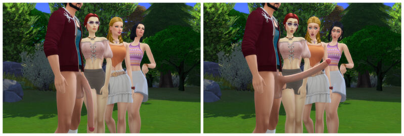 1boy 2024 3d 3girls beard big_penis black_hair blonde_hair bottomless bottomless_male breasts casual casual_exposure clothed_female clothed_female_nude_male curvy_female daytime dress erect_penis erection erection_under_clothes female fit fit_female fit_male fitness forest grabbing grabbing_penis grey_shirt huge_cock light-skinned_female light_skin male male/female matrixsims medium_breasts nude nude_male orange_topwear original_characters outdoors pale-skinned_female pale_skin park penis penis_awe pink_topwear pose posing red_hair sandals surprised surprised_expression sweatshirt tattoo tennis the_sims the_sims_4 white_shirt