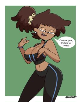 1girls aged_up amphibia amphibia_(finale) anne_boonchuy autart bare_shoulders belly belly_button big_breasts blush breasts brown_hair cleavage clothed crop_top dark-skinned_female dark_skin disney disney_channel female female_only human human_only solo text