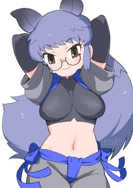 1girls animal_ears arms_behind_head arms_up bangs black_eyes black_gloves black_hair black_rhinoceros_(kemono_friends) black_shirt blue_hair bow breasts breasts_apart brown_eyes closed_mouth clothing crop_top elbow_gloves eyewear female female_only glasses gloves grey_hair groin impossible_clothes impossible_shirt kemono_friends large_breasts long_hair looking_at_viewer masuyama_ryou midriff multicolored_hair navel official_alternate_costume pants posing semi-rimless_eyewear shirt short_sleeves smile solo solo_female stomach tail tied_hair under-rim_eyewear very_long_hair