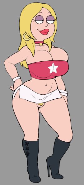 1girls 2025 american_dad big_breasts blonde_hair breasts clothing earrings female francine_smith grey_impact greycausatum hand_on_hip heel_boots high_heel_boots long_hair make_up miniskirt pussy rock_and_roll_sherpa_(francine_smith) smile smiling tube_top tubetop white_skin