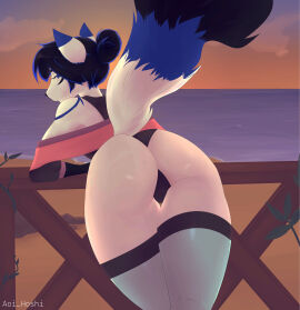 1boy absurd_res anthro aoi_hoshi ass ass_focus balcony beach butt_focus canid canine canis clothed clothing colored crossdressing ears_up femboy fox furry furry_only hi_res hybrid legwear looking_at_viewer looking_back looking_back_at_viewer male mammal oc original_character rear_view seaside solo solo_focus stockings sunrise sunset tail wolf