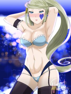 abdomen armpits arms_up blonde_hair blue_eyes bra carmach101 curvy female heart hi_res legwear looking_at_viewer navel open_mouth pale_skin ponytail tattoo trickstar trickstar_holly_angel underwear younger_female yu-gi-oh!