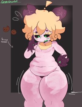 ahoge anthro ass belly belly_button black_sclera blonde_hair chubby chubby_belly chubby_male furry green_eyes greenstar kaiji_(greenstar) male neck_tuft original pecs sea_bunny sea_slug short_hair thick thick_ass thick_hips thick_legs thick_thighs white_skin