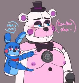 2024 animatronic bear bear_ears black_bowtie black_hat blue_body blue_eyes blush bowtie breasts bunny bunny_ears color colored dialogue english_dialogue english_text eyes_half_open five_nights_at_freddy's five_nights_at_freddy's:_sister_location fnaf funtime_freddy funtime_freddy_(fnafsl) grey_background half-closed_eyes hat lagomorph leaking_milk leporid looking_at_viewer looking_away male male_breasts male_only male_with_breasts milk milking moobs nipples pink_body pink_eyes puppet_bonnie_(fnafsl) purple_nipples rabbit rabbit_ears red_bowtie robot scottgames simple_background simple_coloring smile smiling spaceandroids speech_bubble squeezing_breast text white_body