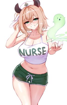 1girls 2d blonde_hair breasts cgator cleavage english_text female fully_clothed green_eyes indie_virtual_youtuber light_skin looking_at_viewer nimi_nightmare nurse solo solo_female text virtual_youtuber vtuber