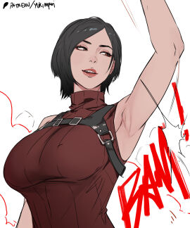 ada_wong armpit_crease armpits bare_shoulders black_hair bob_hair breasts brown_eyes female large_breasts leather leather_straps lips resident_evil short_hair sleeveless sleeveless_sweater smile solo straps striped sweater turtleneck upper_body yukimpoi