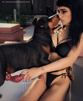 1boy 1girls 3d 3d_(artwork) animal_genitalia animal_penis big_breasts bikini breasts canine celebrity choker daz3d daz_studio dog_penis drool drooling female johncooperbeast3dx kissing male mia_khalifa penis porn_star real_person realistic spit zoophilia