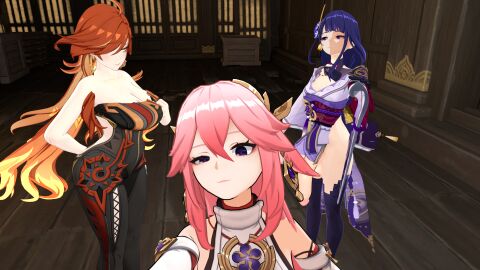 1girls 2futas 3d 3d_(artwork) about_to_be_raped ass big_breasts big_penis breasts exposing_chest female futanari genshin_impact imminent_rape intersex looking_at_another mavuika_(genshin_impact) penis penis_out pink_hair pulling_shirt_down purple_hair raiden_shogun red_hair runeiteer selfie thick_thighs unaware yae_miko