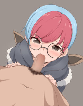 1boy blue_hair censored clothed_female_nude_male commentary fellatio female glasses grey_background grey_hoodie hands_up highres hood hoodie izuna_masaru male male_pubic_hair mosaic_censoring multicolored_hair navel nude oral penis penny_(pokemon) pokemon pokemon_sv pubic_hair red_hair round_eyewear simple_background straight sweat two-tone_hair