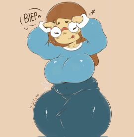 1girls arms_up blue_dress blush breasts brown_hair closed_eyes covered_navel dress english_text fat female glasses huge_breasts jelitrixx kindergarten_(game) kindergarten_3 large_breasts long_hair long_sleeves ms._lovelett plump round_eyewear shirt simple_background solo tongue tongue_out