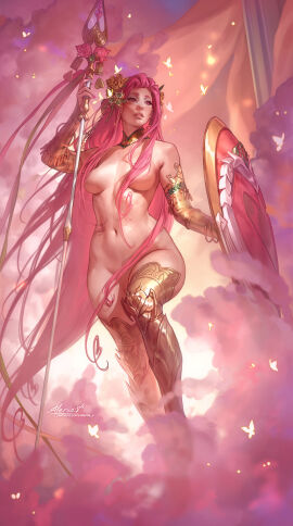 aleriia_v aphrodite_(hades) artistic_nude artistic_nudity breasts covered_breasts covered_nipples digital_painting_(artwork) divine_slut female female_focus female_only goddess hades_(game) hades_2 hair_covering_breasts holding_weapon hourglass_figure lerapi medium_breasts no_visible_genitalia nonsexual nudist ornate_clothing pink_eyes pink_hair pinup posing_with_weapon realistic_breast_size shield solo_female solo_focus wide_hips