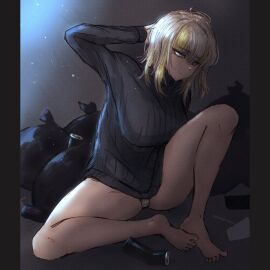 1girls big_breasts blue_eyes bottomless breasts clothing dyed_hair faust_(limbus_company) female limbus_company looking_at_viewer panties project_moon sitting smile tagme the_one_who_grips_faust_(limbus_company) turtleneck white_hair