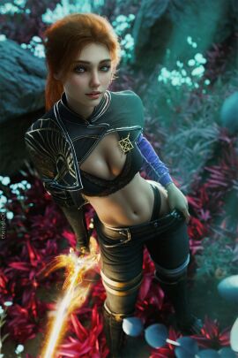 3d_(artwork) athletic athletic_female blush bra breasts clair_obscur:_expedition_33 cloak cute female female_torso freckles french ginger green_eyes light-skinned_female light_skin maelle_(clair_obscur:_expedition_33) medium_breasts midriff non-nude panties pants petite powers realistic red_hair solo solo_female solo_focus sword taking_clothes_off therealzoh