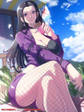 1girls big_breasts black-haired_female black_hair blue_eyes blush breasts chocolate clothed clothing color eating female female_focus female_only fishnets hi_res large_breasts light-skinned_female light_skin long_hair looking_at_viewer nico_robin one_piece opalisart post-timeskip shounen_jump sitting solo solo_female tagme thick_thighs valentine's_day