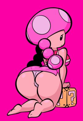 1girls ass big_ass big_breasts blushing breasts clothed cute feet female female_only jek_korpen looking_at_viewer looking_back mario_(series) mob_face mushroom_girl mushroom_humanoid nintendo panties pigtails pink_background question_block revealing_clothes sideass tagme thick_thighs thighs toadette underass