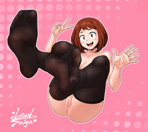 2d_(artwork) :d :d_smile anus ass big_feet brown_hair feet female foot_focus footwear lewdsaiga my_hero_academia ochako_uraraka peace_sign pussy see-through stockings tagme thigh_high_stockings tight_clothing uraraka_ochako