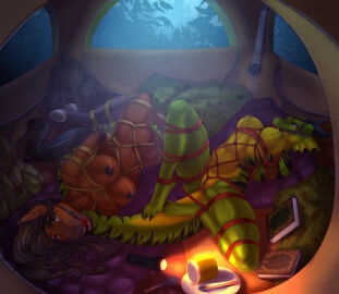 2_horns adhara anthro arms_tied arms_tied_behind_back ball_gag blue_eyes bondage bound breasts claws crotch_rope digital_drawing_(artwork) digital_media_(artwork) dragon duo equid equine feet female female/female flashlight frogtied gag gagged genitals gotikamaamakitog green_body hair hands_behind_back hi_res hooves horn horse legs_tied mammal marie_(guardian_hawk) mythological_creature mythological_scalie mythology nipples nude paws pussy restraints rope rope_bondage scalie smile story story_in_description submissive tail teasing teasing_with_tail tent toes