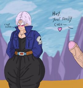 2boys ass big_ass big_butt blue_eyes doodle_dingus dragon_ball dragon_ball_z fat_ass fat_butt fully_clothed heart huge_ass huge_butt male male_only penis purple_hair shounen_jump sweat sweating text thick_ass thick_butt trunks_briefs