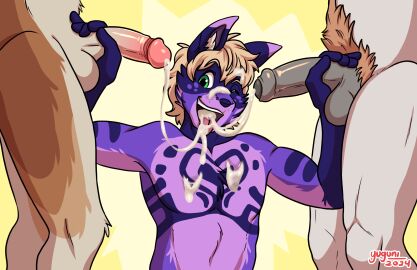 anthro balls bodily_fluids cum cum_in_mouth cum_inside cum_on_face demon domestic_cat double_handjob ears_up felid feline felis foreskin genital_fluids genitals group hair handjob hi_res humanoid_genitalia humanoid_penis male male/male mammal one_eye_closed open_mouth open_smile penile penis sex smile trio uncircumcised yuguni