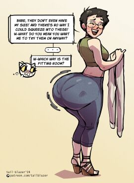 2024 2d 2d_(artwork) 2d_artwork ass ass_awe big_ass blush bottom_heavy breasts feline female glasses heels huge_ass jiggle jiggling jiggling_butt looking_at_ass nikki pantylines short_hair smile smiling tail-blazer text thick_ass thick_hips thick_thighs