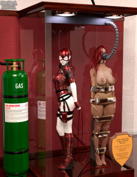 1girls 3d bound bound_arms bound_legs completely_nude female female_only full_body mannequin nude nude_female original original_character red_hair solo superheroine thejpeger trophy_case