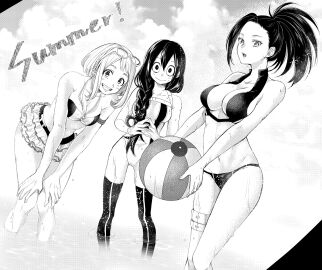 2d 3girls bare_arms bare_belly bare_shoulders beach beachball belly_button bent_over big_breasts bikini black_and_white blush braid breasts cleavage closed_mouth cloud collarbone female frilled_skirt frills hair_pulled_back hands_on_own_knees hands_together long_hair medium_breasts momo_yaoyorozu multiple_females multiple_girls my_hero_academia ocean ochako_uraraka one-piece_swimsuit open_mouth outdoors partially_submerged ponytail short_hair skirt smile summer sunglasses sunglasses_on_head suzu_(tg_390) swimsuit thigh_strap thighhighs thighs tsuyu_asui underboob water wet_body zettai_ryouiki
