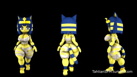 3d 3d_model animal_crossing animated ankha ankha_(animal_crossing) bandage blue_hair breasts crown doubutsu_no_mori female jiggle medium_breasts mummy mummy_costume mummy_wrappings nairu_(doubutsu_no_mori) nintendo shortstack tahlian thick_thighs ugly voluptuous walk_cycle walking yellow_fur