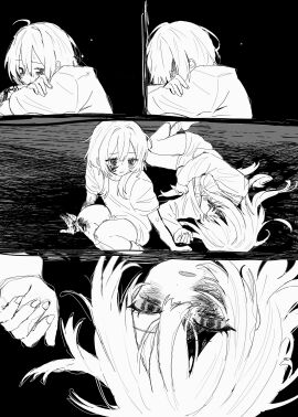 2girls absurdres baggy_clothes bags_under_eyes blood_on_arm blood_on_face crossed_arms crying dark_background death depressed expressionless female gloom_(expression) greyscale hanataro_(sruvhqkehy1zied) highres legs lying monochrome multiple_females multiple_girls on_floor on_side original sad scraped_knee sitting suicide sweatdrop