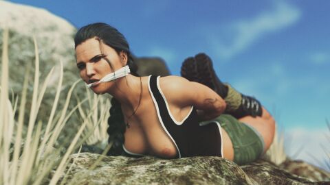 1girls 3d arms_behind_back black_hair bondage bound bound_ankles breast_out breasts cloth_gag clothed_bondage female fully_clothed fully_clothed_female gag gagged hogtie original shorts ultimate-clash